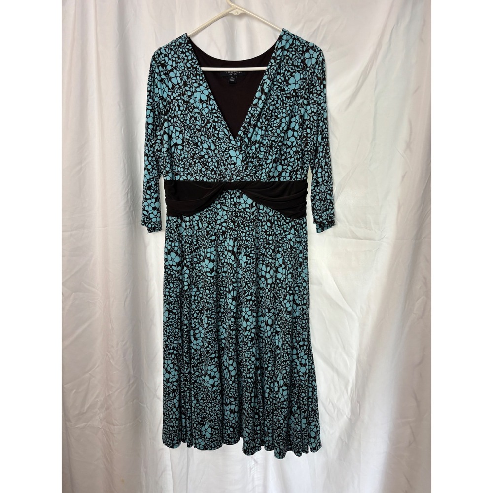 Perceptions New York Women Teal Black Floral Faux Wrap Empire Waist Dress 16
